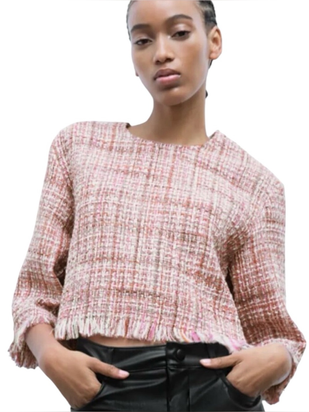 Zara Pink Tweed Top Blouse Zip Back Plaid Fringe Preppy M White Gray Cropped